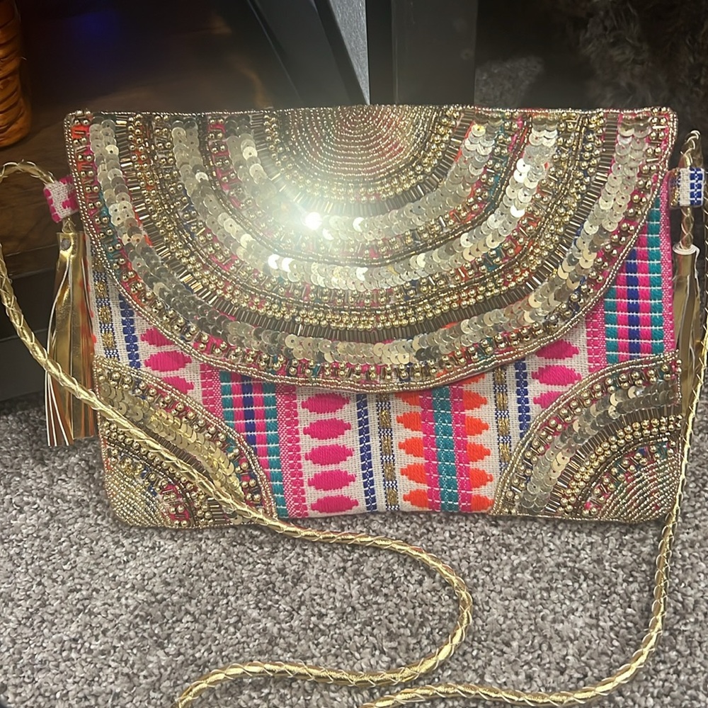 New Crossbody Purse or Clutch Island Vacation Colorful Rainbow Bag Gold Sequins